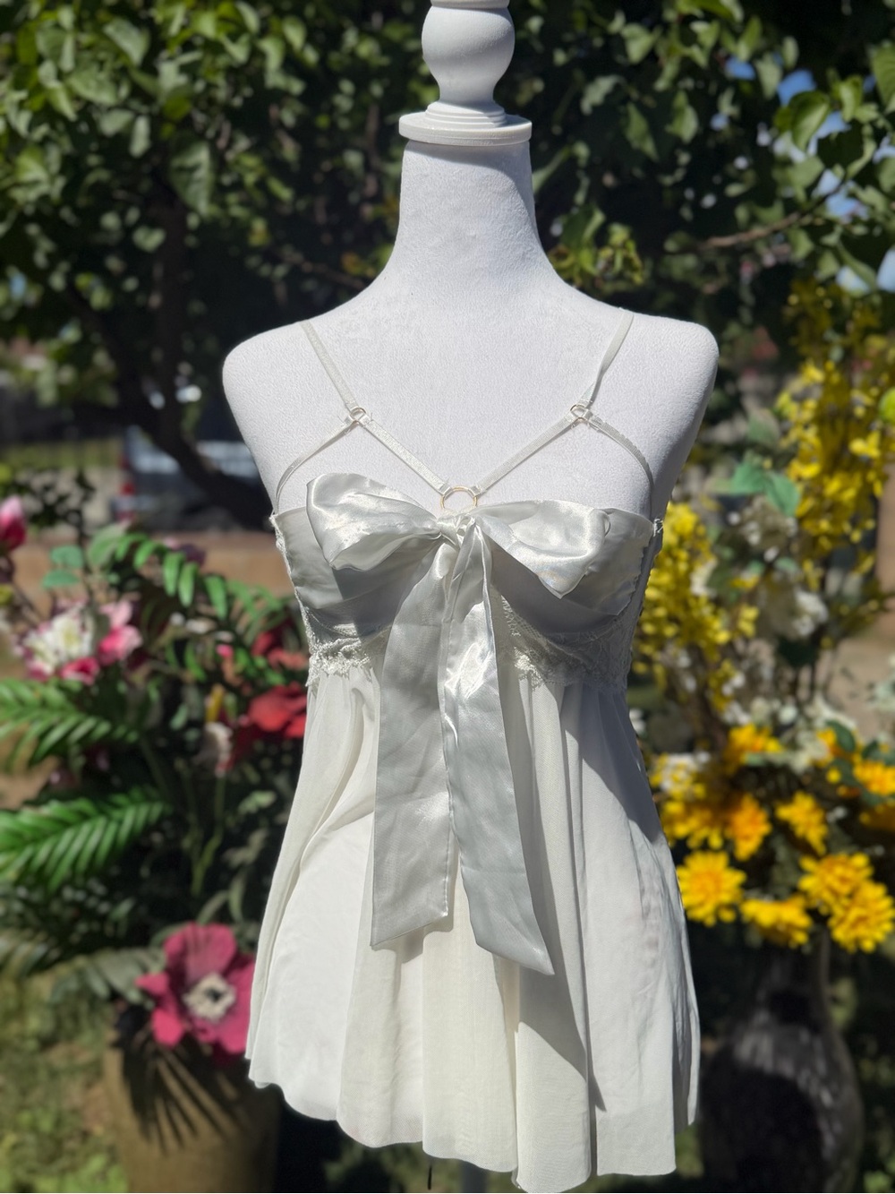 Othr Ivory Satin Bow Babydoll Mini Dress